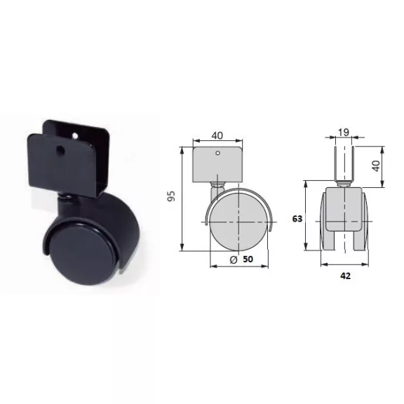 Műanyag görgő élre szerelhető fekete 50mm