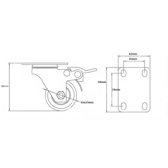 Gumis görgő talpas fékes 63mm fekete