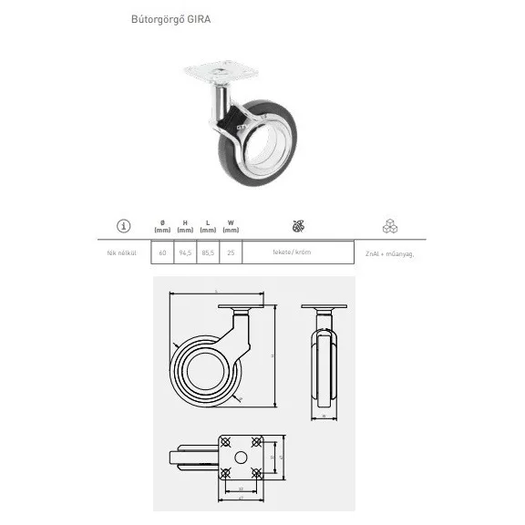 Gumis görgő talpas GIRA 60mm króm-fekete Króm-fekete 60mm