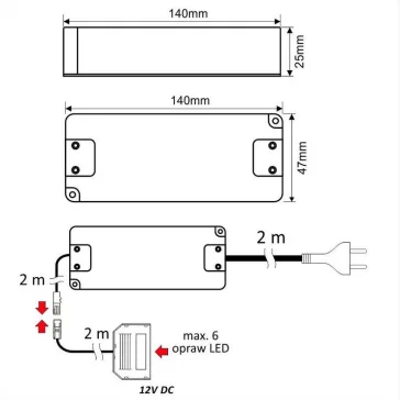   Transzformátor LED lámpához DLight 12V + 6 beépített mini AMP + 2m kábel 33W