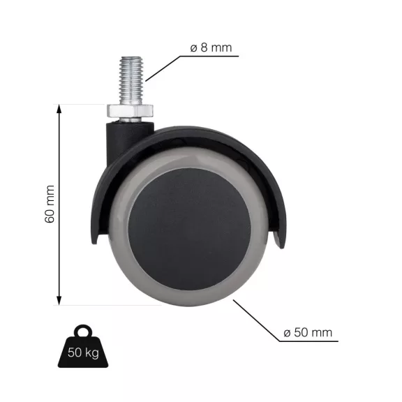 Bútorkerék M8-as csappal 50 mm átmérőjű 50 kg teherbírású