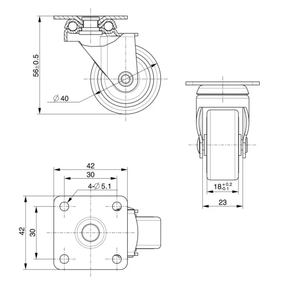 Készülékkerék puha padlóhoz átmérő 40 mm teherbírás 30 kg