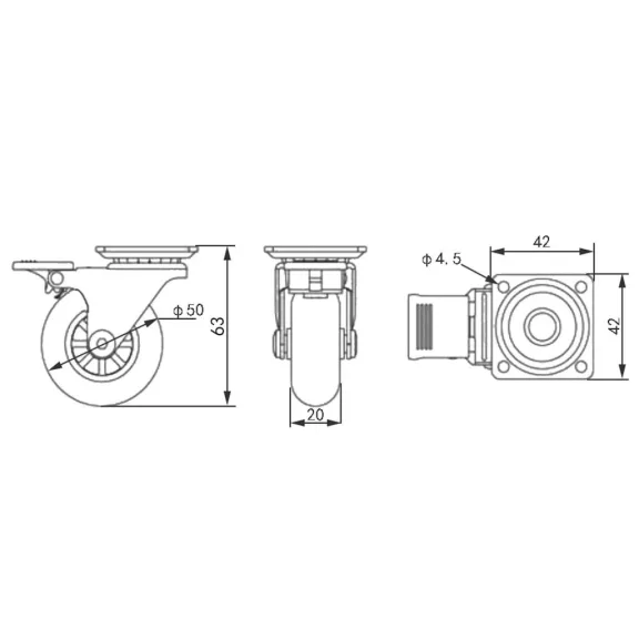 Forgószerkezet kereke fékkel átmérő 50 mm teherbírás 40 kg átlátszó