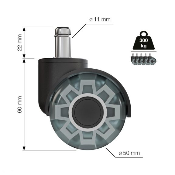 Kancelářské kolečko průměr 50 mm s čepem průměr 11 mm átlátszó nosnost 60 kg 5 ks