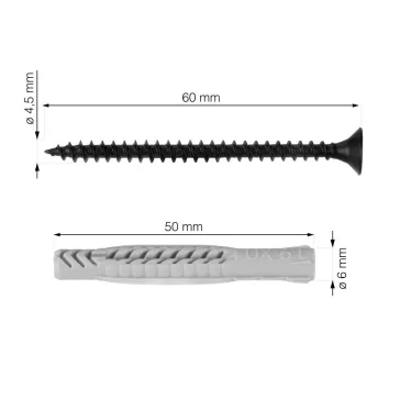   Walteco 4,5x60 mm átmérőjű csavarok, 6x50 mm átmérőjű tiplik, RT-49, fekete/szürke, 16+16 db
