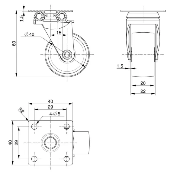 Készülékkerék kemény padlóhoz átmérő 40 mm teherbírás 25 kg