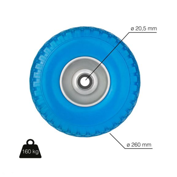 Defekttűrő kerék 260 mm átmérőjű csapággyal kék gumi