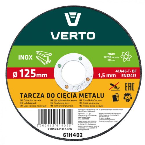 VÁGÓTÁRCSA FÉMHEZ INOX 125*22*1,5MM VERTO
