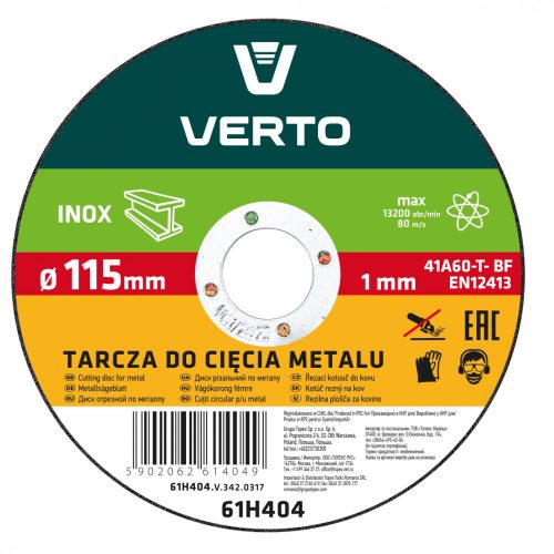 VÁGÓTÁRCSA FÉMHEZ INOX 115*22*1,0MM VERTO